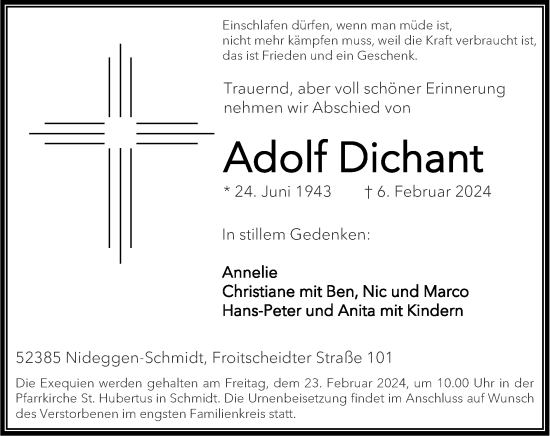 Traueranzeige von Adolf Dichant von Zeitung am Sonntag