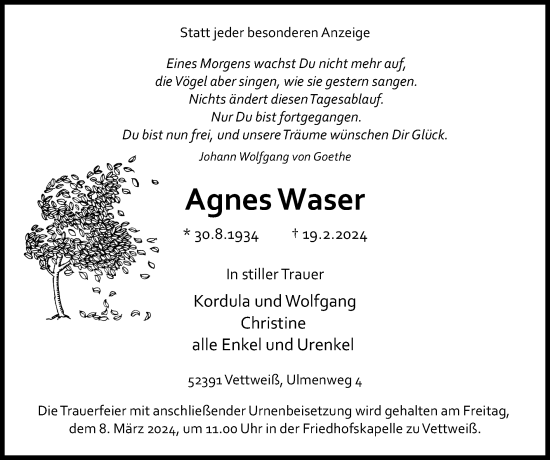 Traueranzeige von Agnes Waser von Zeitung am Sonntag