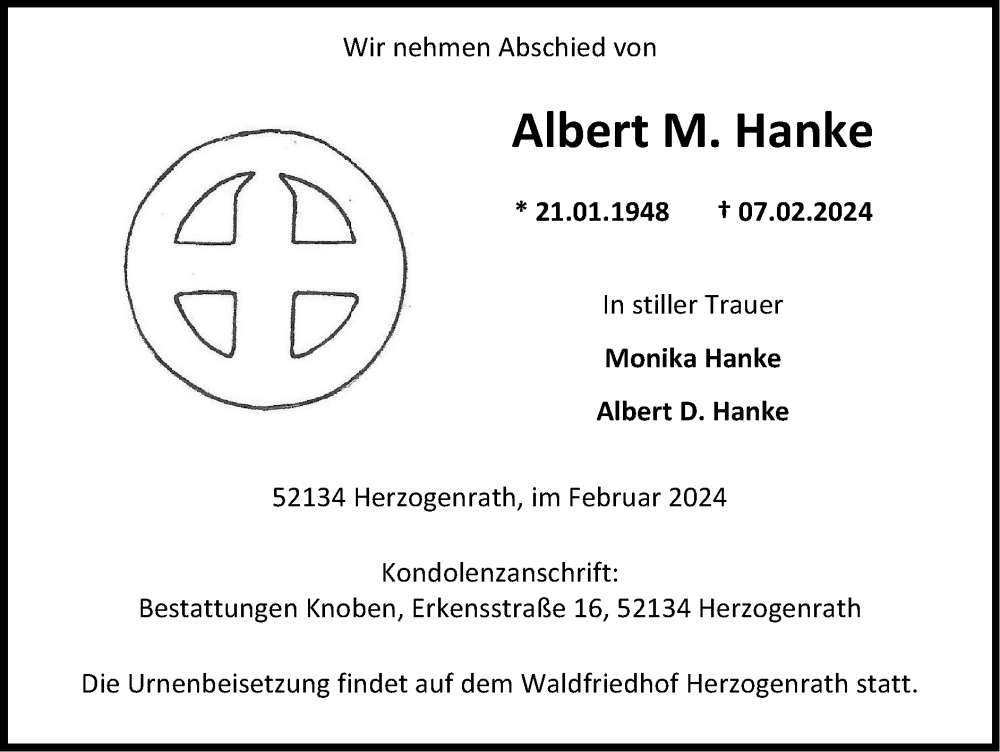  Traueranzeige für Albert Hanke vom 25.02.2024 aus Zeitung am Sonntag