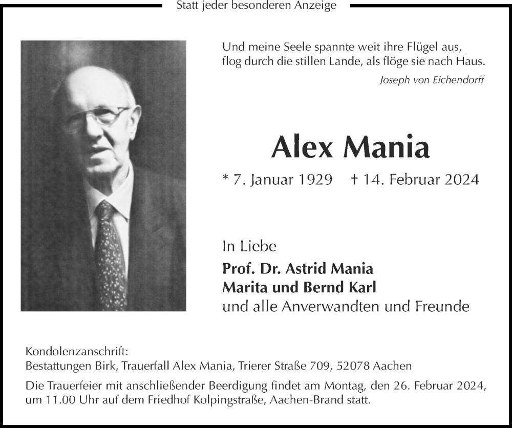  Traueranzeige für Alex Mania vom 25.02.2024 aus Zeitung am Sonntag