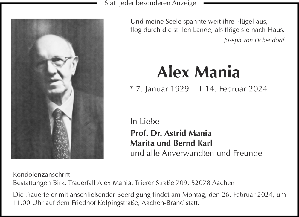  Traueranzeige für Alex Mania vom 21.02.2024 aus Aachener Zeitung