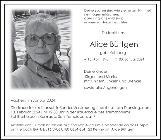 Traueranzeige von Alice Büttgen von Aachener Zeitung