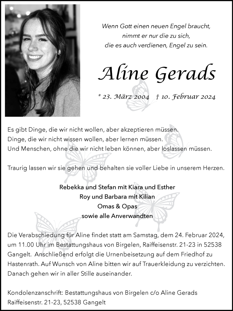  Traueranzeige für Aline Gerads vom 18.02.2024 aus Zeitung am Sonntag