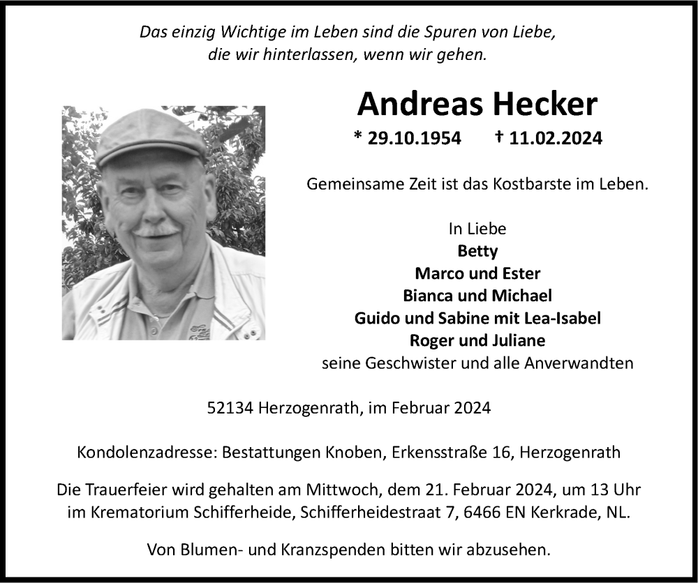  Traueranzeige für Andreas Hecker vom 18.02.2024 aus Zeitung am Sonntag