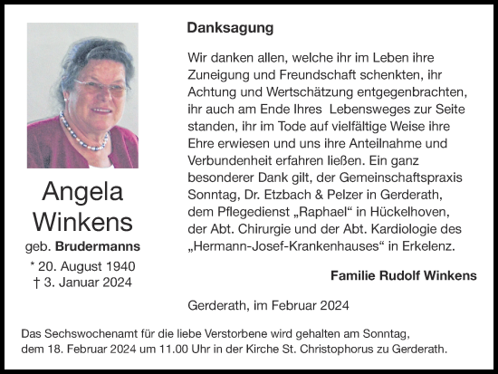 Traueranzeige von Angela Winkens von Zeitung am Sonntag