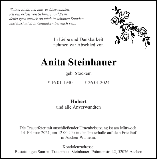 Traueranzeige von Anita Steinhauer von Aachener Zeitung