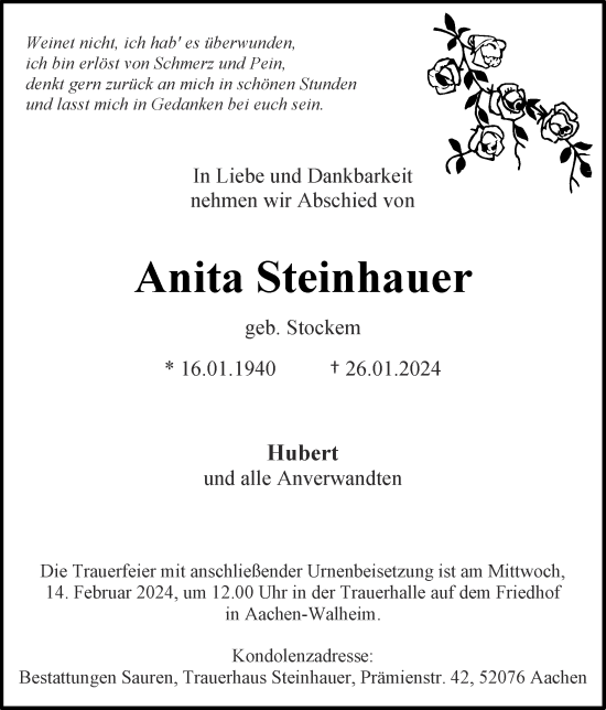Traueranzeige von Anita Steinhauer von Zeitung am Sonntag