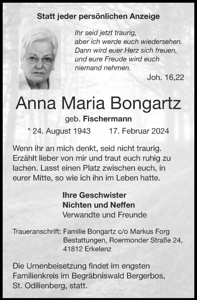  Traueranzeige für Anna Maria Bongartz vom 25.02.2024 aus Zeitung am Sonntag