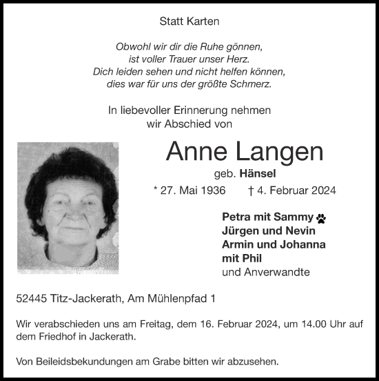 Traueranzeige von Anne Langen von Zeitung am Sonntag