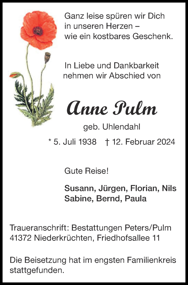  Traueranzeige für Anne Pulm vom 25.02.2024 aus Zeitung am Sonntag