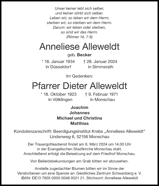 Traueranzeige von Anneliese Alleweldt von Zeitung am Sonntag
