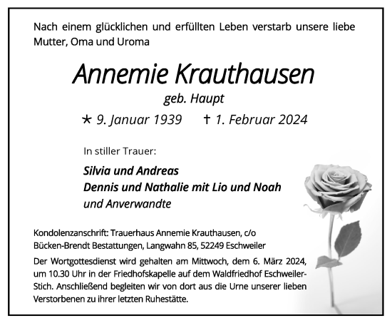Traueranzeige von Annemie Krauthausen von Zeitung am Sonntag