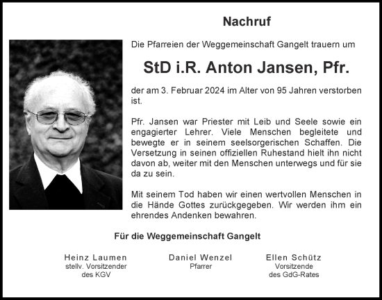 Traueranzeige von Anton Jansen von Zeitung am Sonntag