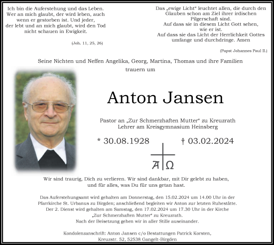 Traueranzeige von Anton Jansen von Zeitung am Sonntag