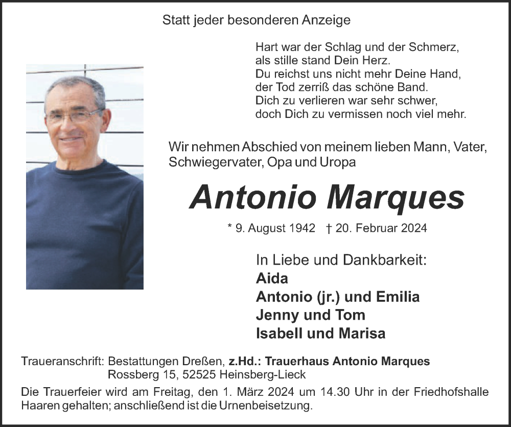  Traueranzeige für Antonio Marques vom 25.02.2024 aus Zeitung am Sonntag