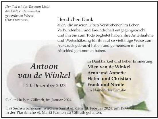Traueranzeige von Antoon van de Winkel von Zeitung am Sonntag