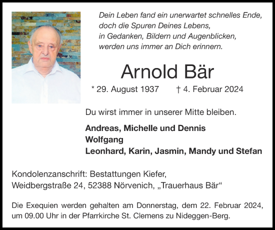 Traueranzeige von Arnold Bär von Zeitung am Sonntag