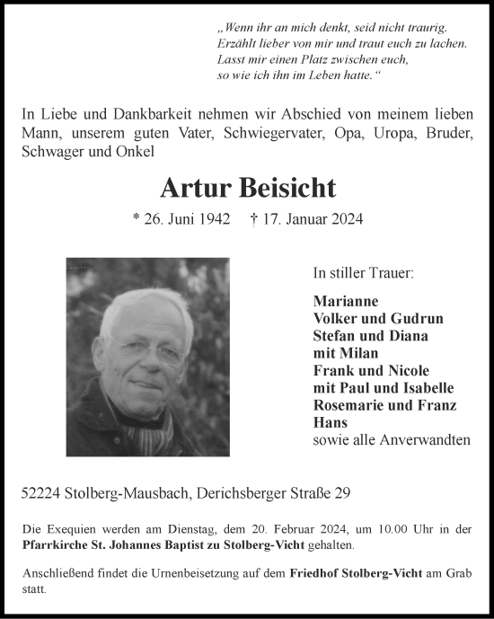 Traueranzeige von Artur Beisicht von Zeitung am Sonntag