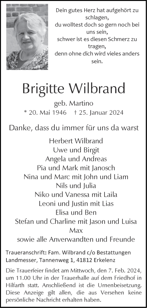 Traueranzeige von Brigitte Wilbrand von Zeitung am Sonntag