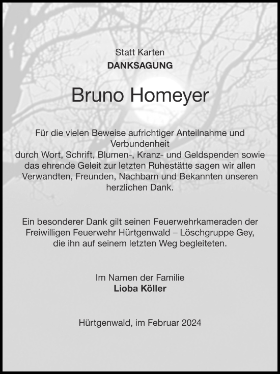 Traueranzeige von Bruno Homeyer von Zeitung am Sonntag