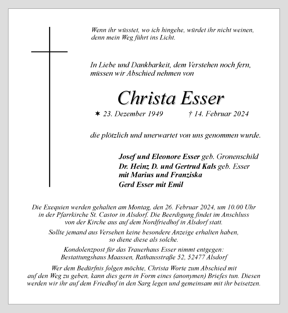  Traueranzeige für Christa Esser vom 25.02.2024 aus Zeitung am Sonntag