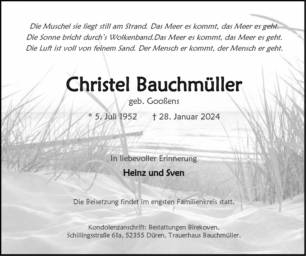  Traueranzeige für Christel Bauchmüller vom 04.02.2024 aus Zeitung am Sonntag