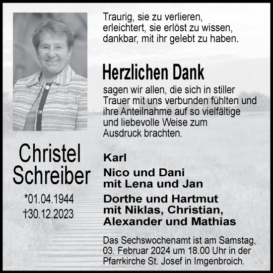 Traueranzeige von Christel Schreiber von Aachener Zeitung