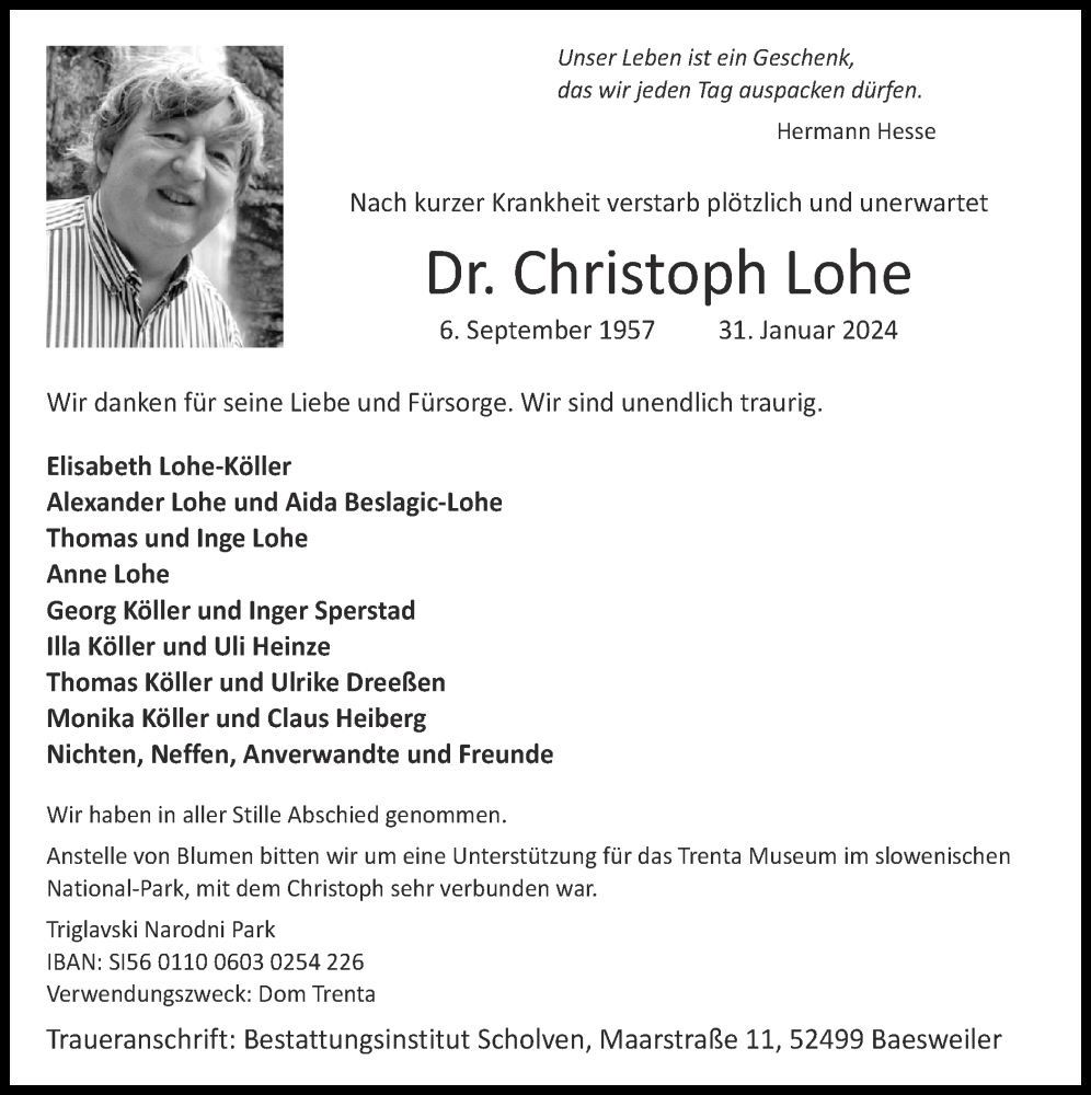  Traueranzeige für Christoph Lohe vom 25.02.2024 aus Zeitung am Sonntag