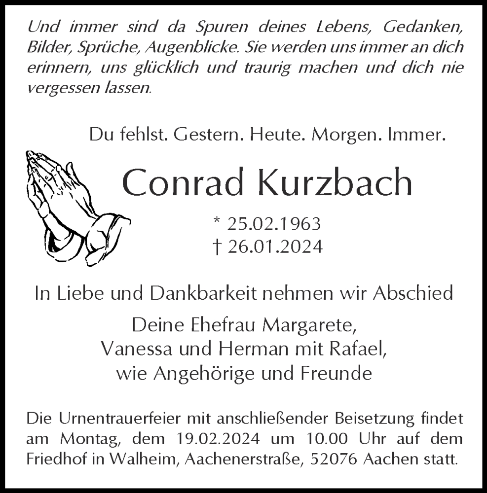  Traueranzeige für Conrad Kurzbach vom 04.02.2024 aus Zeitung am Sonntag