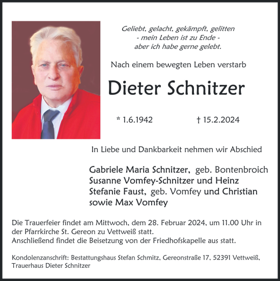 Traueranzeige von Dieter Schnitzer von Zeitung am Sonntag