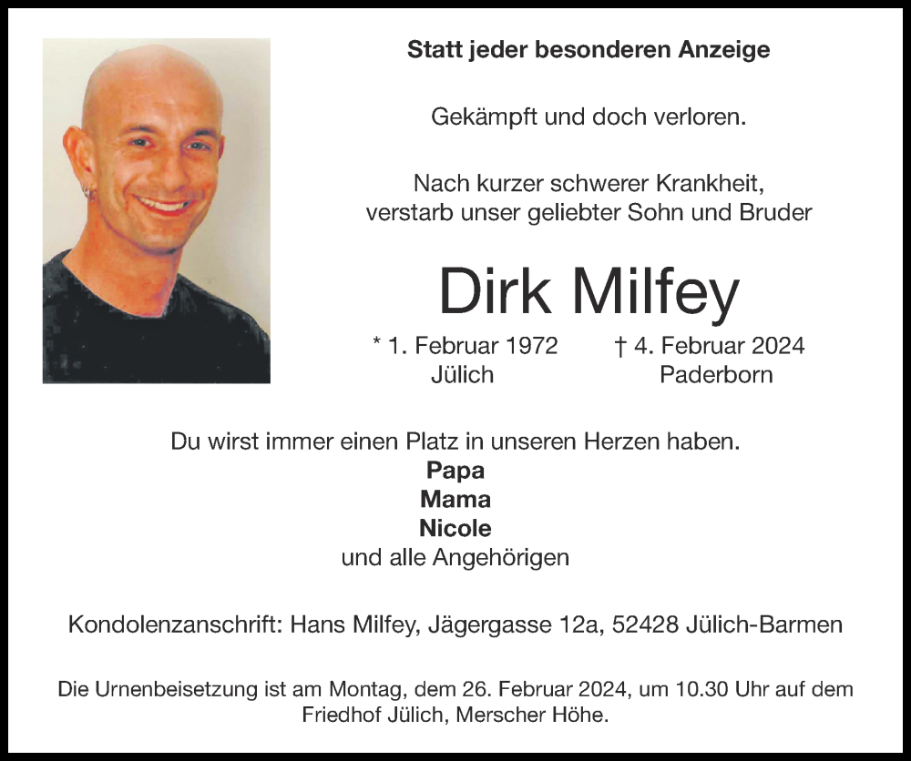  Traueranzeige für Dirk Milfey vom 25.02.2024 aus Zeitung am Sonntag