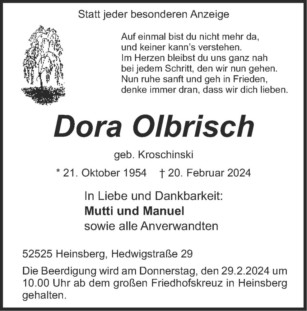  Traueranzeige für Dora Olbrisch vom 25.02.2024 aus Zeitung am Sonntag
