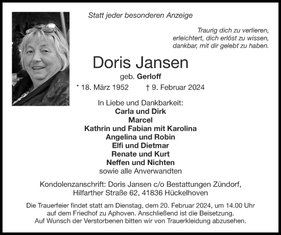 Traueranzeige von Doris Jansen von Zeitung am Sonntag