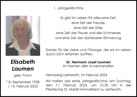 Traueranzeige von Elisabeth Laumen von Zeitung am Sonntag