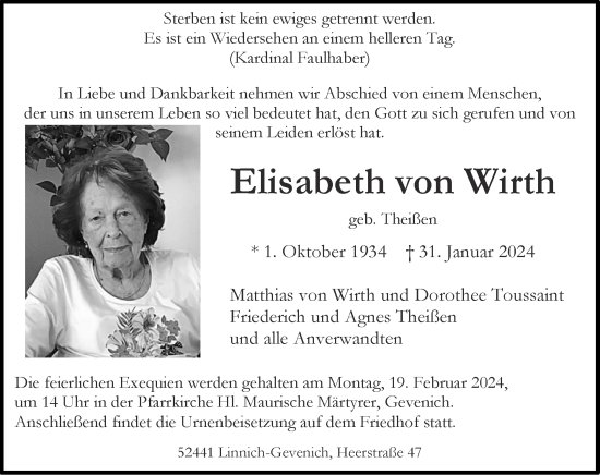 Traueranzeige von Elisabeth von Wirth von Zeitung am Sonntag