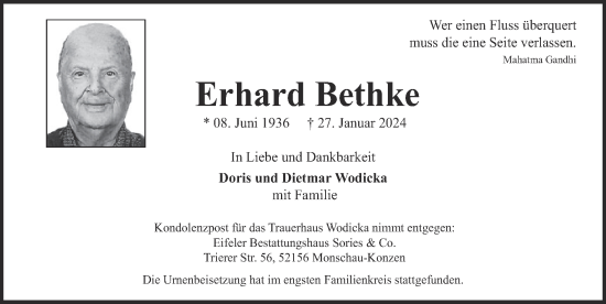 Traueranzeige von Erhard Bethke von Zeitung am Sonntag
