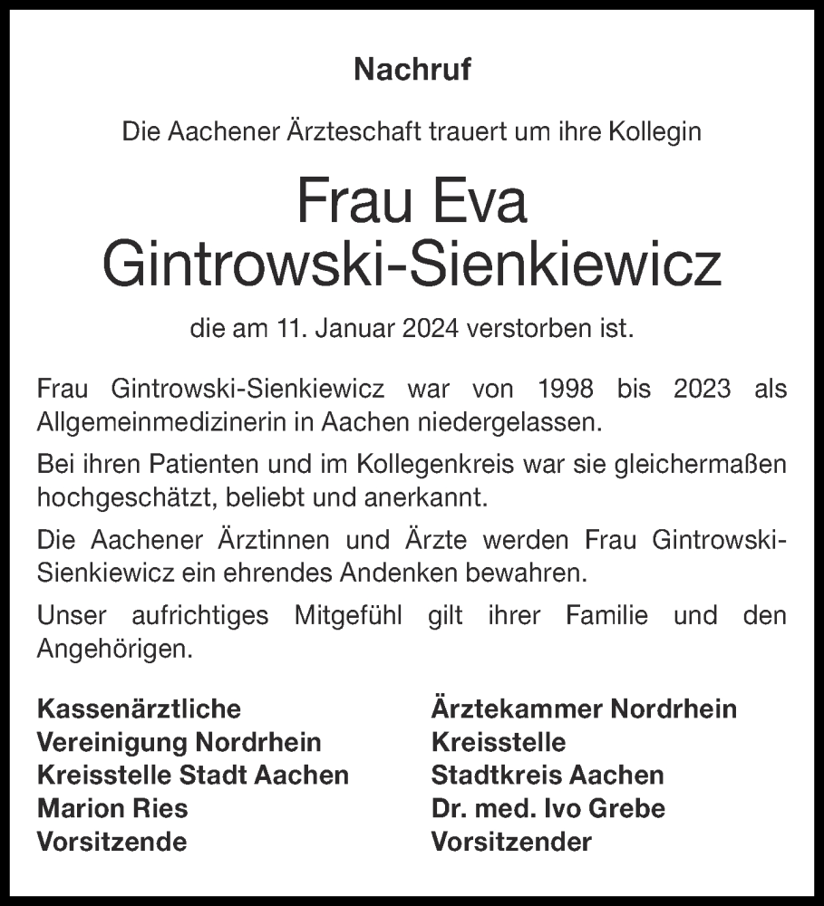  Traueranzeige für Eva Gintrowski-Sienkiewicz vom 03.02.2024 aus Aachener Zeitung