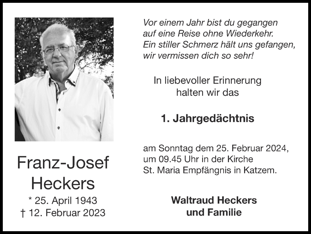  Traueranzeige für Franz-Josef Heckers vom 18.02.2024 aus Zeitung am Sonntag