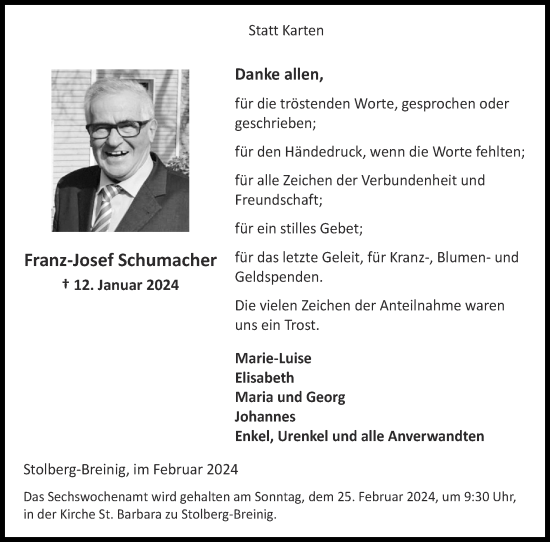 Traueranzeige von Franz-Josef Schumacher von Zeitung am Sonntag