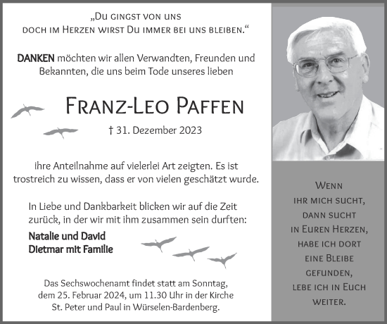 Traueranzeige von Franz-Leo Paffen von Zeitung am Sonntag