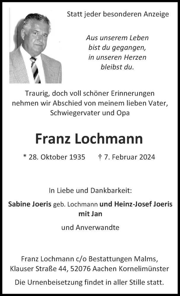  Traueranzeige für Franz Lochmann vom 18.02.2024 aus Zeitung am Sonntag