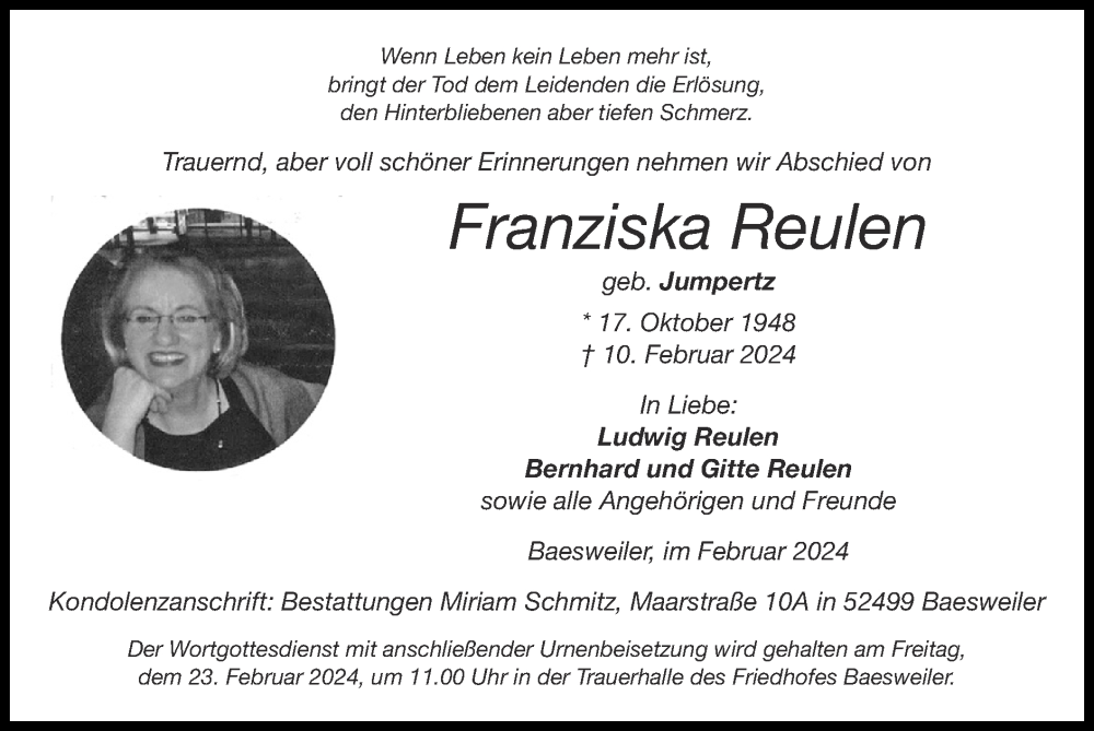  Traueranzeige für Franziska Reulen vom 18.02.2024 aus Zeitung am Sonntag