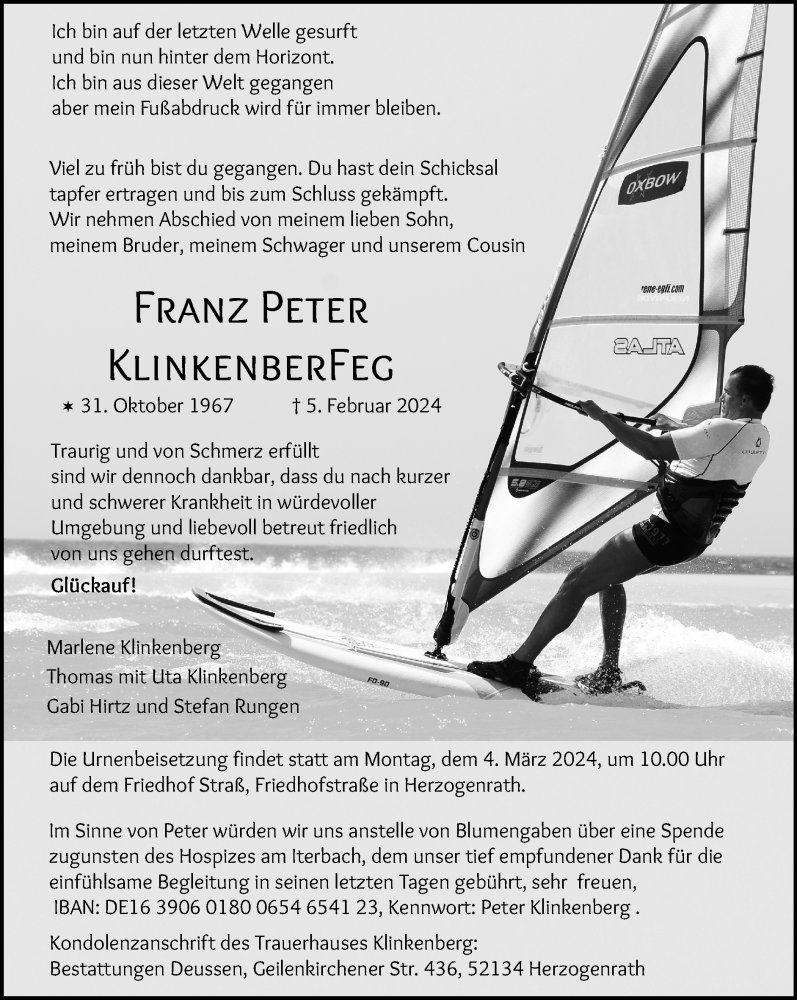  Traueranzeige für Franz Peter Klinkenberfeg vom 25.02.2024 aus Zeitung am Sonntag