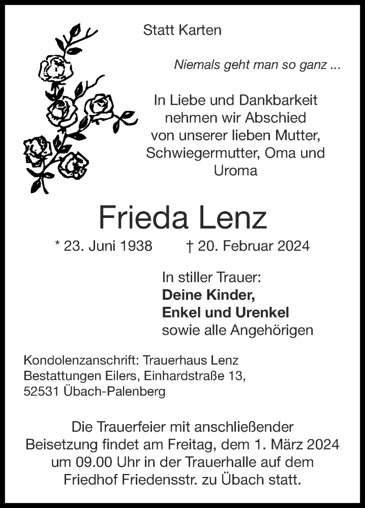  Traueranzeige für Frieda Lenz vom 25.02.2024 aus Zeitung am Sonntag