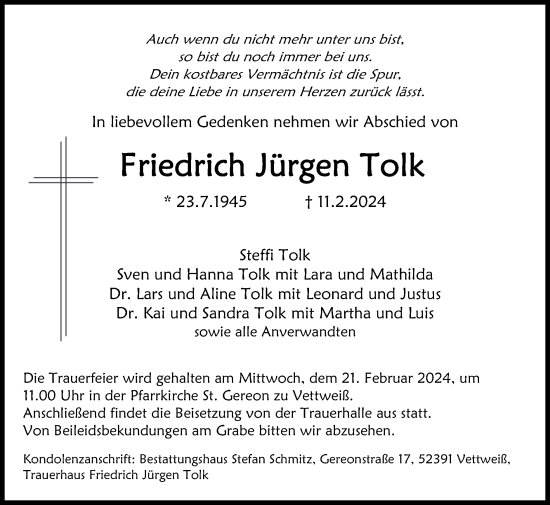 Traueranzeige von Friedrich Jürgen Tolk von Zeitung am Sonntag