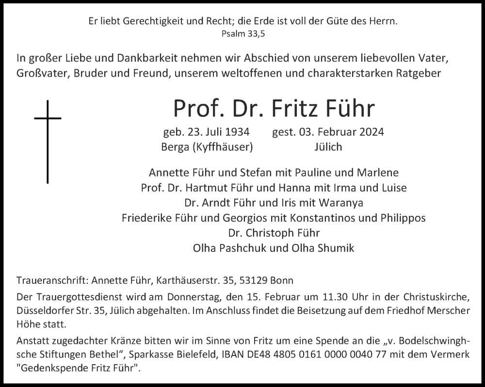  Traueranzeige für Fritz Führ vom 10.02.2024 aus Aachener Zeitung
