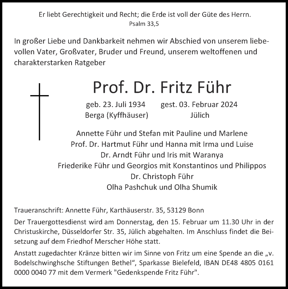  Traueranzeige für Fritz Führ vom 11.02.2024 aus Zeitung am Sonntag