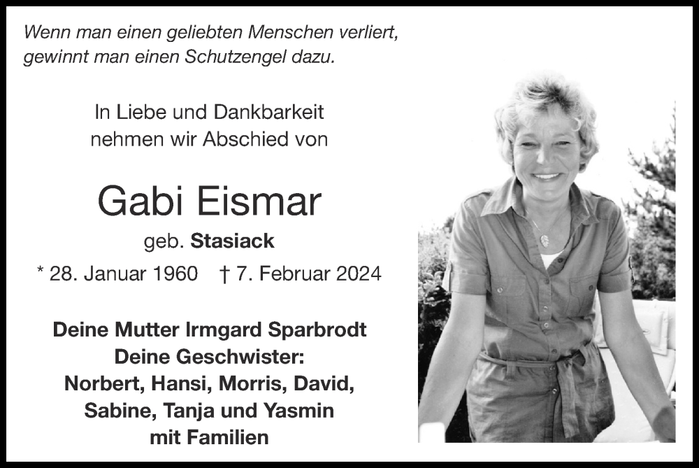  Traueranzeige für Gabi Eismar vom 18.02.2024 aus Zeitung am Sonntag