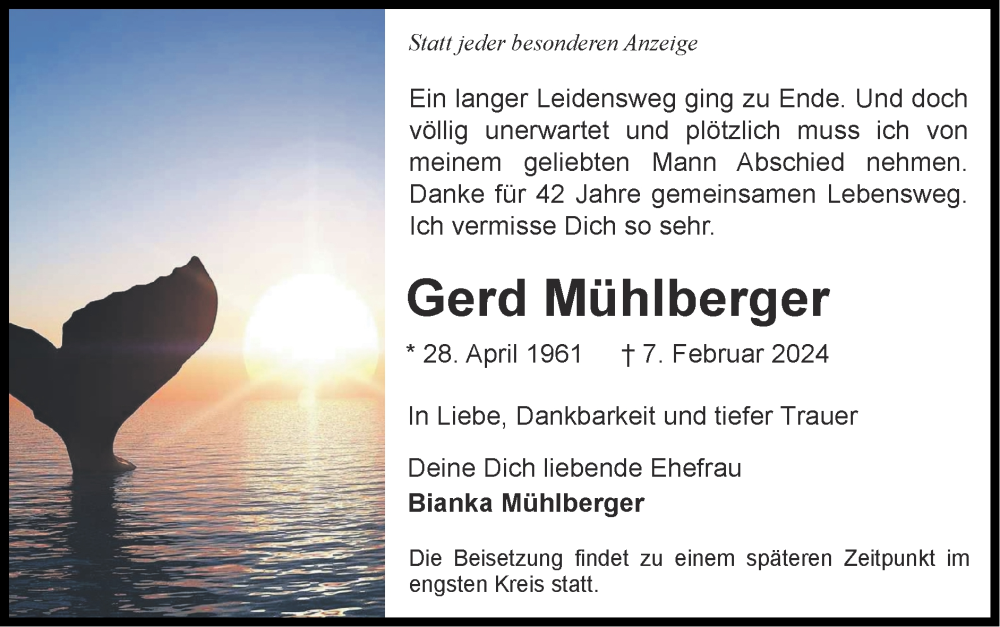  Traueranzeige für Gerd Mühlberger vom 25.02.2024 aus Zeitung am Sonntag