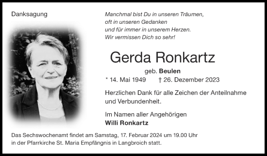Traueranzeige von Gerda Ronkartz von Zeitung am Sonntag